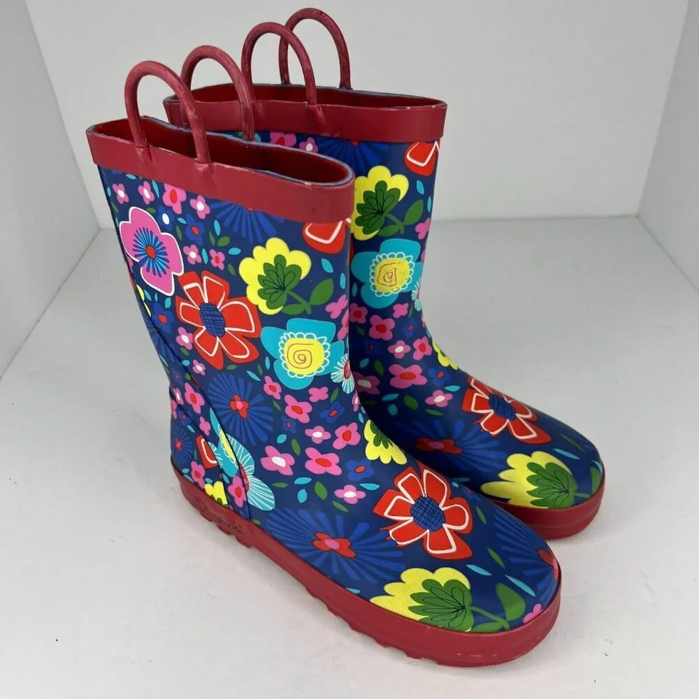KomforMe Girls Multicolor Floral Rain Boots Mid Top Round Toe Pull On Size 4